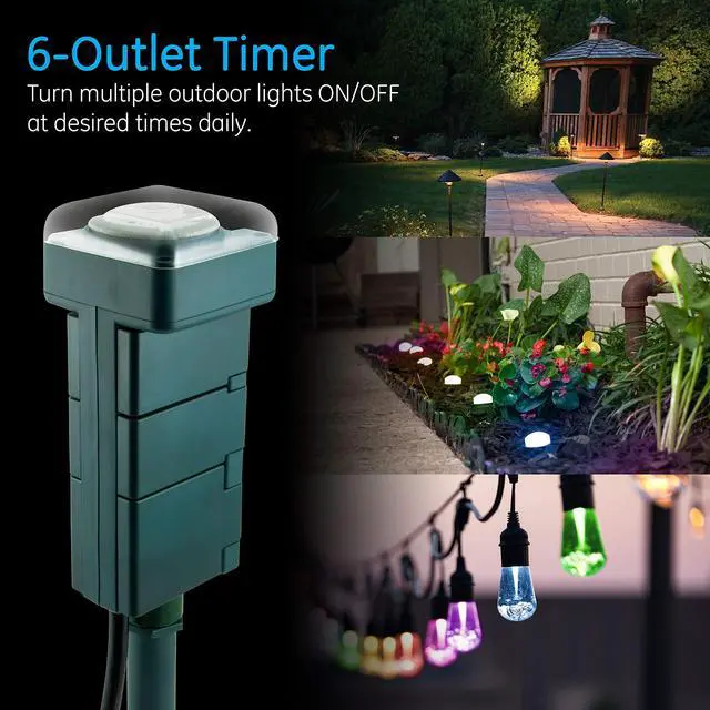 Alt view image 6 of 7 - Outdoor 24-Hour Mechanical Stake Timer Plug-in, Heavy-Duty, 6 Grounded Outlets, Weather Resistant, 30-Minute Intervals, For Seasonal Lighting, String Lights, Pumps, Fountains, 29972