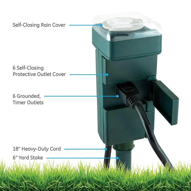 Alt view image 2 of 7 - Outdoor 24-Hour Mechanical Stake Timer Plug-in, Heavy-Duty, 6 Grounded Outlets, Weather Resistant, 30-Minute Intervals, For Seasonal Lighting, String Lights, Pumps, Fountains, 29972