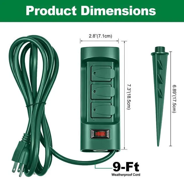 Alt view image 7 of 7 - Outdoor Power Strip with Covers and Overload Protection Switch, Double Sided 6-Outlet Yard Power Stake with 9-Foot Long Extension Cord, ETL Certified, Green