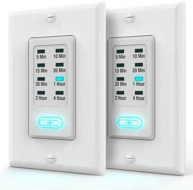 Main image of Countdown Light Timer Switch for Bathroom, Heaters, 5-10-30-60 Min, 2-4 Hour Programmable in-Wall Timer Switch with 9 Settings 1875W, Neutral Wire Required, 2PACK, ETL Listed