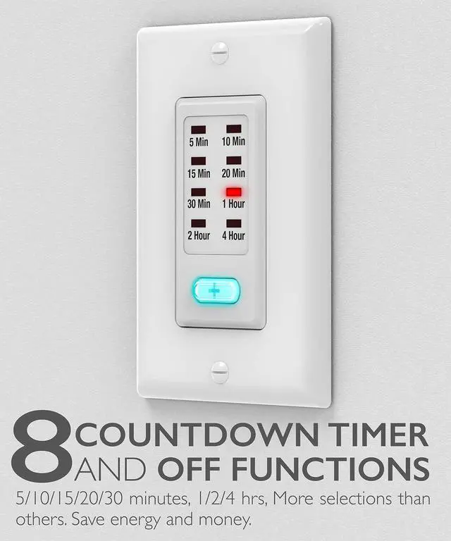 Alt view image 2 of 7 - Countdown Light Timer Switch for Bathroom, Heaters, 5-10-30-60 Min, 2-4 Hour Programmable in-Wall Timer Switch with 9 Settings 1875W, Neutral Wire Required, 2PACK, ETL Listed