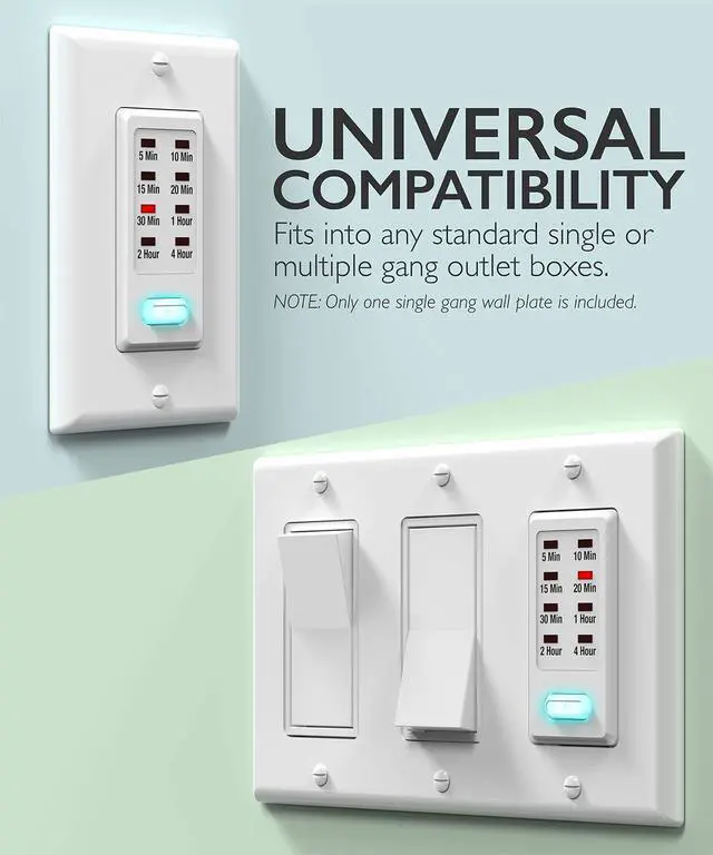 Alt view image 6 of 7 - Countdown Light Timer Switch for Bathroom, Heaters, 5-10-30-60 Min, 2-4 Hour Programmable in-Wall Timer Switch with 9 Settings 1875W, Neutral Wire Required, 2PACK, ETL Listed
