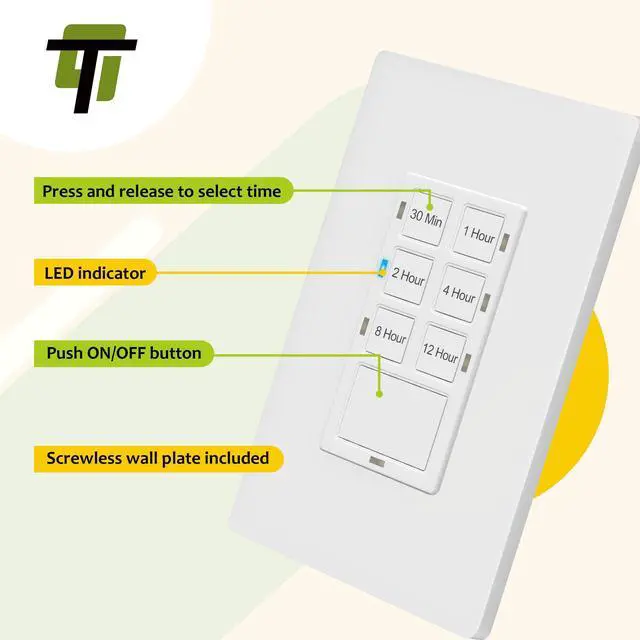 Alt view image 5 of 7 - 12 Hour Timer Switch Neutral Wire Required for Patio, Path, Porch Lights and Sprinklers, 30min-12Hr, Wall Timer for Fan Motor and Ventilation, 1/2HP Support, Single Pole, UL Listed, TS-C12H, White