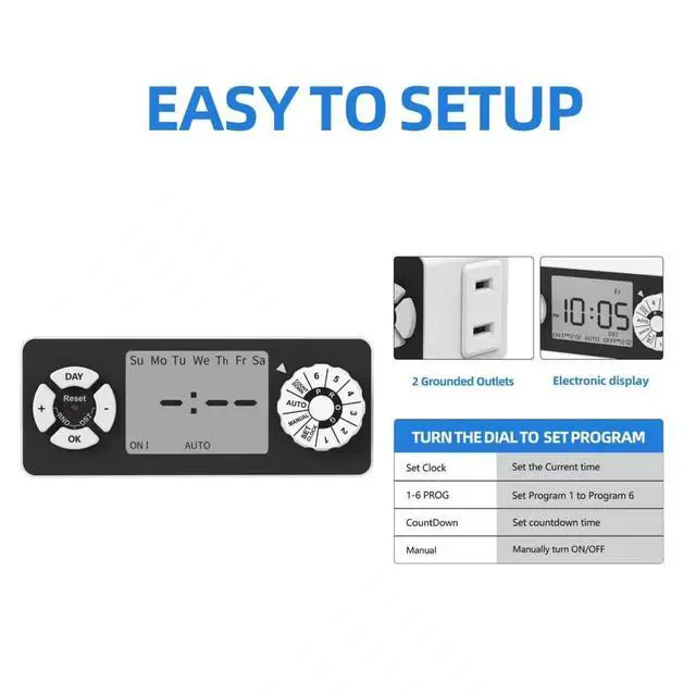 Alt view image 2 of 6 - New Digital Timer Outlet, Dial Programmable Method, Indoor Plug in Light Timer, 2 Polarized Electrical Outlets for Lamps, 6 Sets of Programs, 15A/1875W