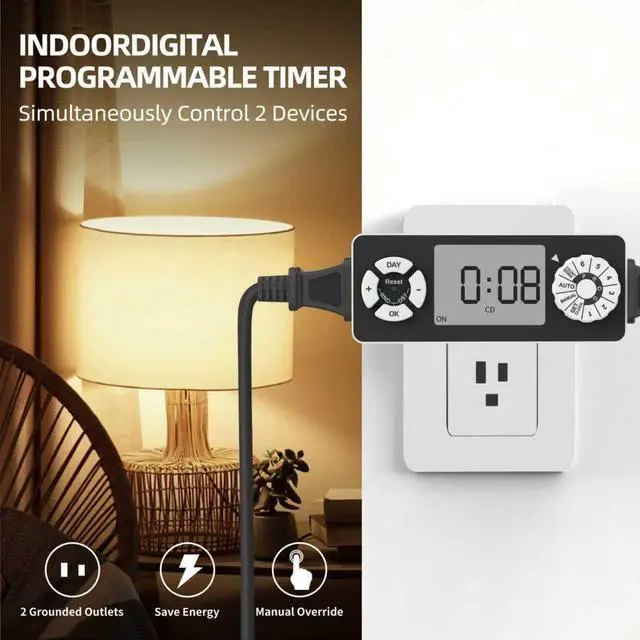 Alt view image 6 of 6 - New Digital Timer Outlet, Dial Programmable Method, Indoor Plug in Light Timer, 2 Polarized Electrical Outlets for Lamps, 6 Sets of Programs, 15A/1875W