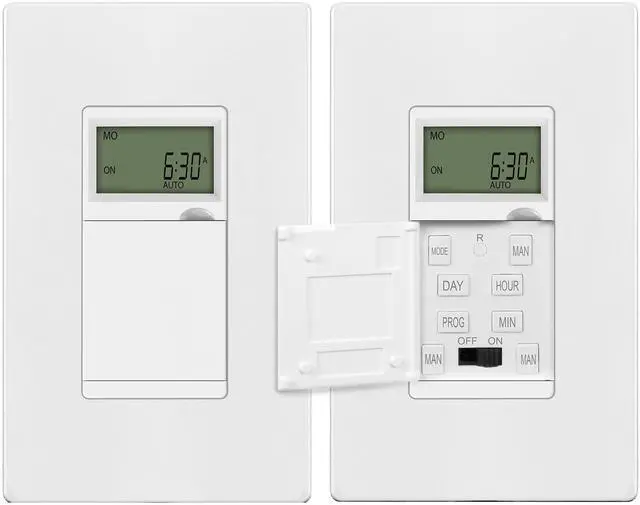 Main image of Programmable Digital Timer Switch for Lights, Fans, Motors, 7-Day 18 ON/OFF Timer Settings, Single Pole, Neutral Wire Required, UL Listed, HET01-C, White, 2 Pack