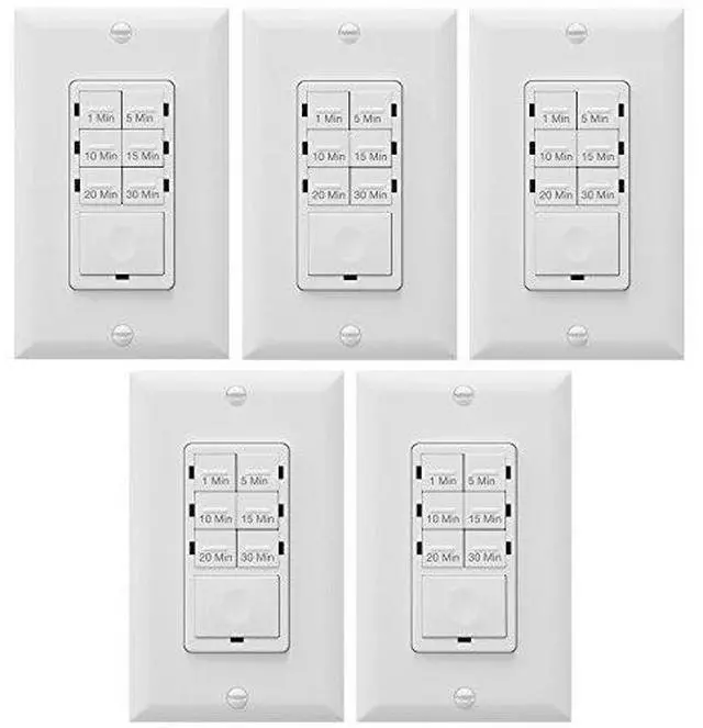 Main image of Bathroom Timer Countdown Switch, HET06A-R | In-Wall Electrical Timer for Fans, Electrical Outlets, Indoor and Outdoor lights,with On/Off switch | White - 5 Pack