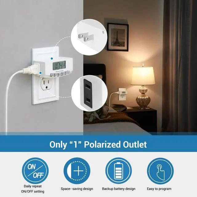 Alt view image 2 of 7 - 24 Hour Digital Light Timer, 1 Polarized Outlet