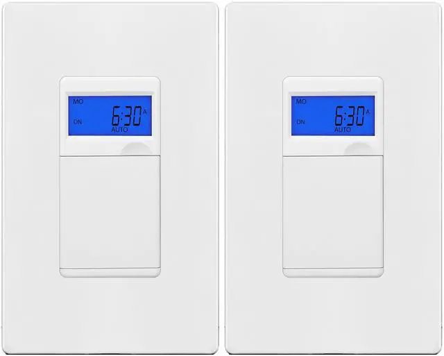 Main image of 7 Days Digital in-Wall Programmable Timer Switch for Lights, Fans, and Motors, Neutral Wire Required,7-Day 18 ON/Off Timer Settings, with Blue Backlight, UL Listed, HET01, White, 2 Pack