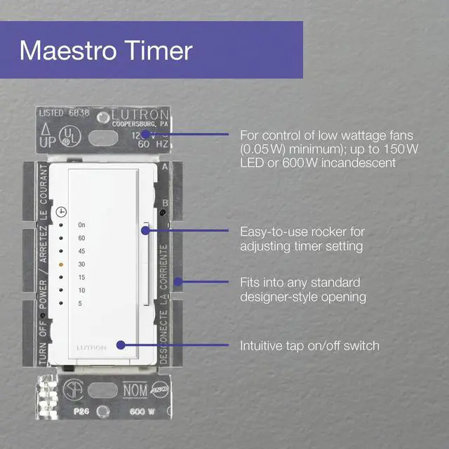 Alt view image 5 of 7 - Maestro Countdown Timer Switch for Fans and Lights, Timer Switch for Lights, 3A/150-Watt LED Bulbs, Single-Pole/Multi-Location, MA-T51MN-WH, White
