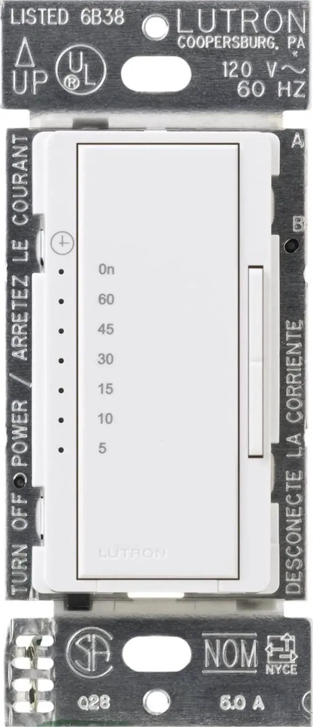 Main image of Maestro Countdown Timer Switch for Fans and Lights, Timer Switch for Lights, 3A/150-Watt LED Bulbs, Single-Pole/Multi-Location, MA-T51MN-WH, White