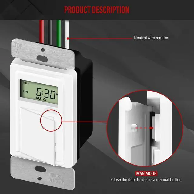 Alt view image 2 of 7 - - HET01-C-W Programmable Digital Timer Switch for Lights, Fans, Motors, 7-Day18 ON/OFF Timer Settings, Single Pole, Neutral Wire Required, UL Listed, HET01-C, White