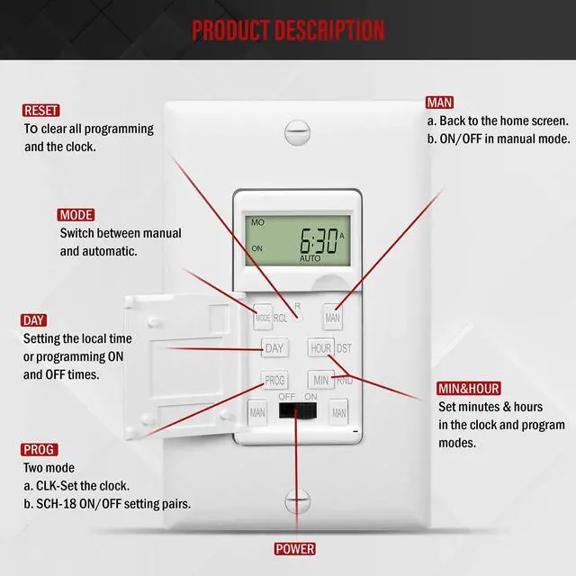 Alt view image 3 of 7 - - HET01-C-W Programmable Digital Timer Switch for Lights, Fans, Motors, 7-Day18 ON/OFF Timer Settings, Single Pole, Neutral Wire Required, UL Listed, HET01-C, White