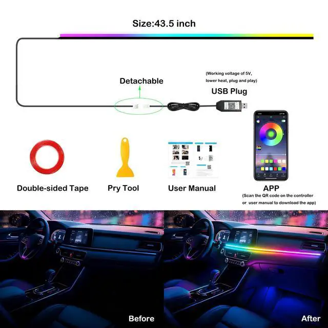 Alt view image 7 of 7 - Interior Car LED Strip Lights, RGB Dynamic Dreamcolor Chasing Acrylic LED Lights for Car, USB Powered Ambient Lighting Kits with Wireless APP, Sound Active Function Car Neon Lights (1 in 1)