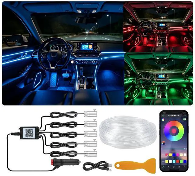 Main image of 5 in 1 Interior Car Lights Strip, Multicolor APP Control Music Sync RGB LED Car Ambient Lighting Kit with 236 inches Fiber Optic Cables