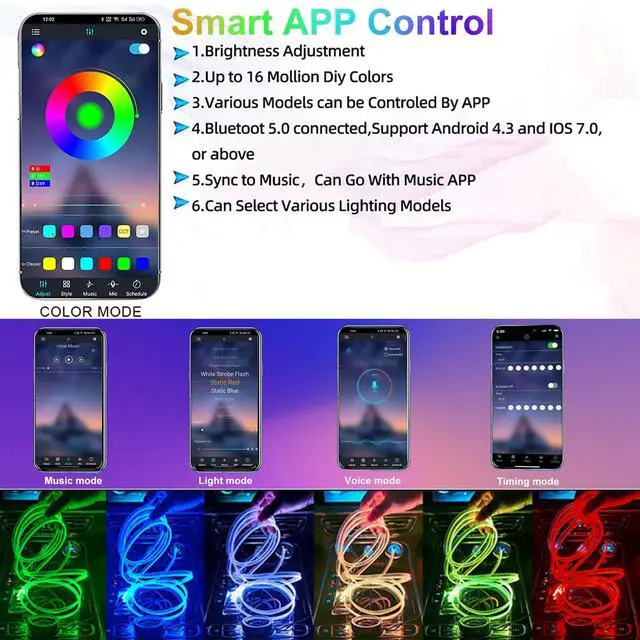 Alt view image 5 of 7 - 5 in 1 Interior Car Lights Strip, Multicolor APP Control Music Sync RGB LED Car Ambient Lighting Kit with 236 inches Fiber Optic Cables