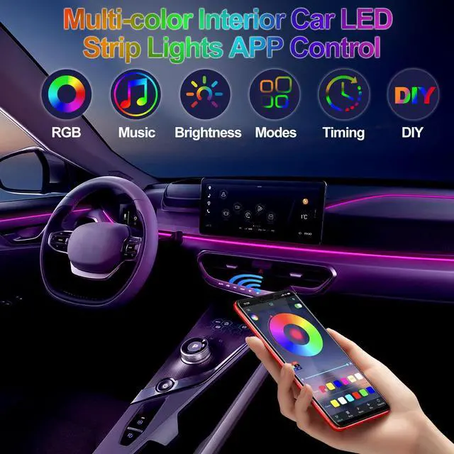 Alt view image 4 of 7 - 5 in 1 Interior Car Lights Strip, Multicolor APP Control Music Sync RGB LED Car Ambient Lighting Kit with 236 inches Fiber Optic Cables