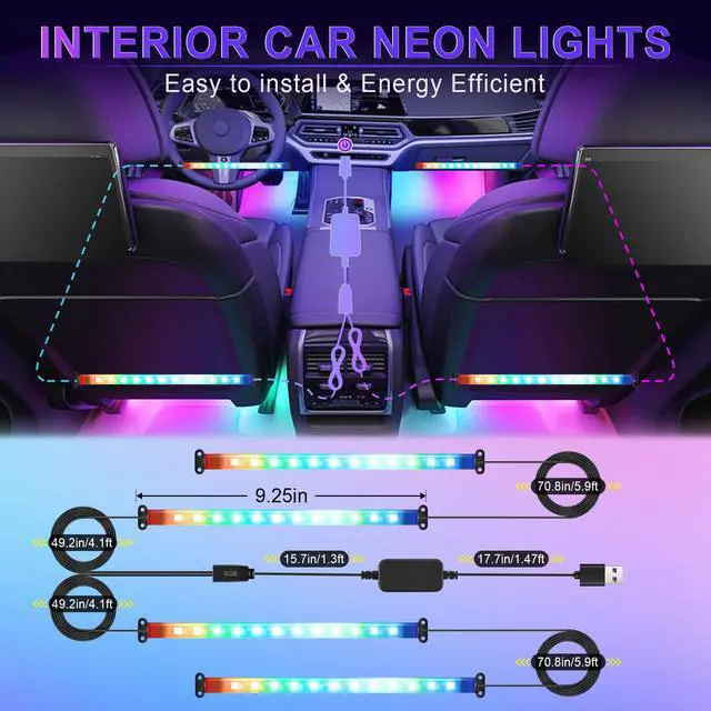 Alt view image 3 of 6 - Accent Interior Car Lights, Smart Car Interior Lights with App Control, RGB LED Lights with Music Mode and DIY Mode, 2 Lines Design LED Lights for Cars with Charger, Car Accessories for Women