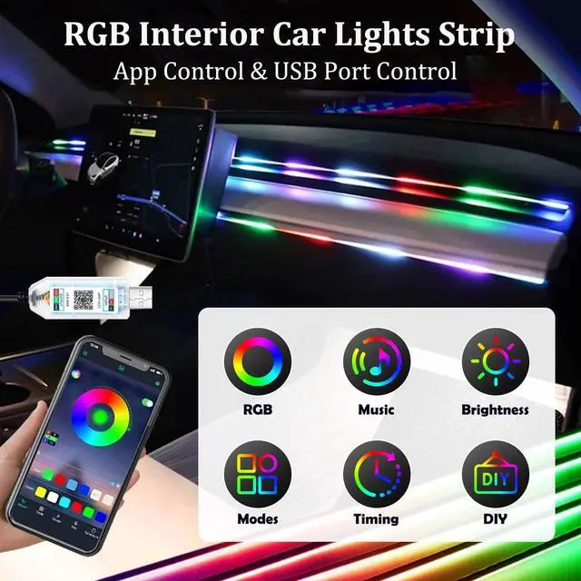 Alt view image 2 of 7 - 43.3inch Interior Car Lights Strip, Dynamic Dreamcolor Chasing App Control Music Sync USB Powered RGB Acrylic LED Ambient Lighting Kit for Car Trucks SUV