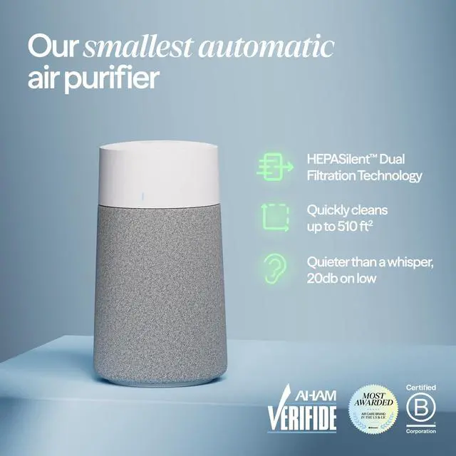 Alt view image 2 of 7 - Mini Max Auto Air Purifier for Bedroom, 510ft2 Small Room Air Cleaner with Auto Mode, HEPASilent Technology Removes Dust, Pollen, Pet Dander, Smoke & Odor, 3 Speeds, Quiet, Washable Pre-Filter