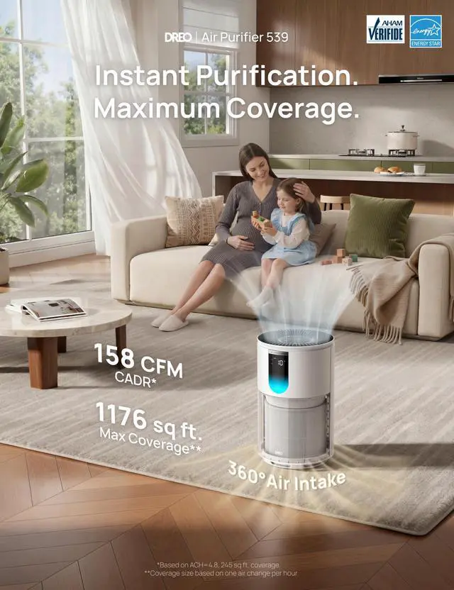 Alt view image 3 of 7 - Air Purifier for Home, Up to 1176 ft², HEPA Air Cleaner for Large Rooms & Bedrooms, Pets, Smoke, Dust, Pollen & Odors, PM2.5 Monitor, Auto, Turbo & Quiet Sleep Mode, 4 Speeds, DR-HAP009(Dreo 539)