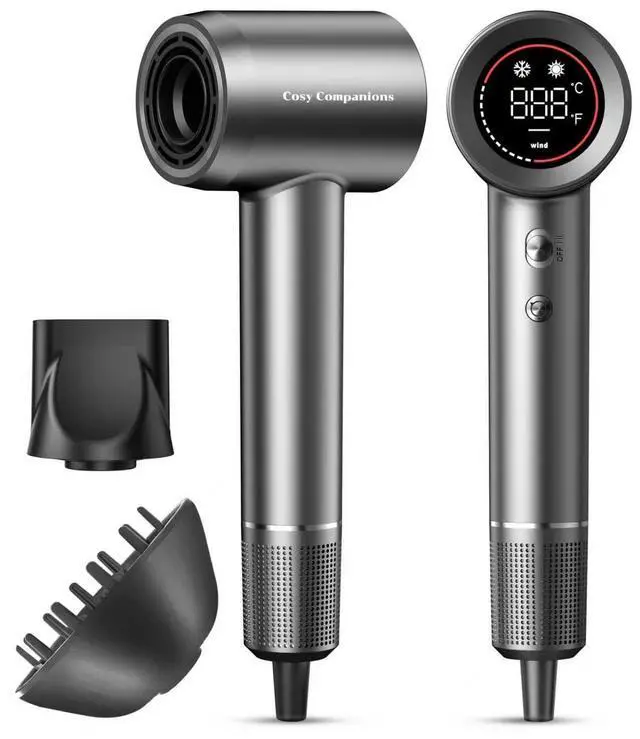Main image of Hair Dryer - Negative Ionic Blow Dryer with 150000 RPM High Speed Brushless Motor for Fast Drying, Low Noise, HD Display Hair Dryer with Diffuser and Nozzle, 5 Temps & 2 Speeds