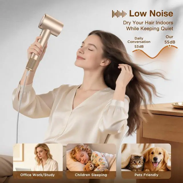 Alt view image 4 of 7 - Diffuser Hair Dryer, Grip-Sensor On/Off High-Speed Blow Dryer for Fast Drying, Ionic Hair Dryer 110000 RPM 1400W 200M for Frizz Reduce, Low Noise Thermo-Control for Curly Hair Women