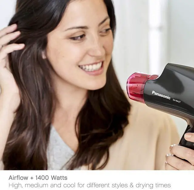 Alt view image 6 of 7 - nanoe Compact Hair Dryer for Healthy-Looking Hair, 1400W Portable, Folding Handling and Quickdry Nozzle for Fast Drying EH-NA27-K (Black/Pink)