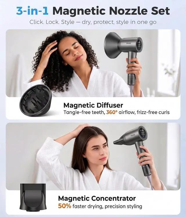 Alt view image 7 of 7 - Hair Dryer for Women, Professional High-Speed & 200 Million Ionic Hairdryer, Fast-Drying Low Noise with Magnetic Diffuser & Nozzle, HD Display, Light and Quiet Hair Blow Dryer, Gifts for Men and Women
