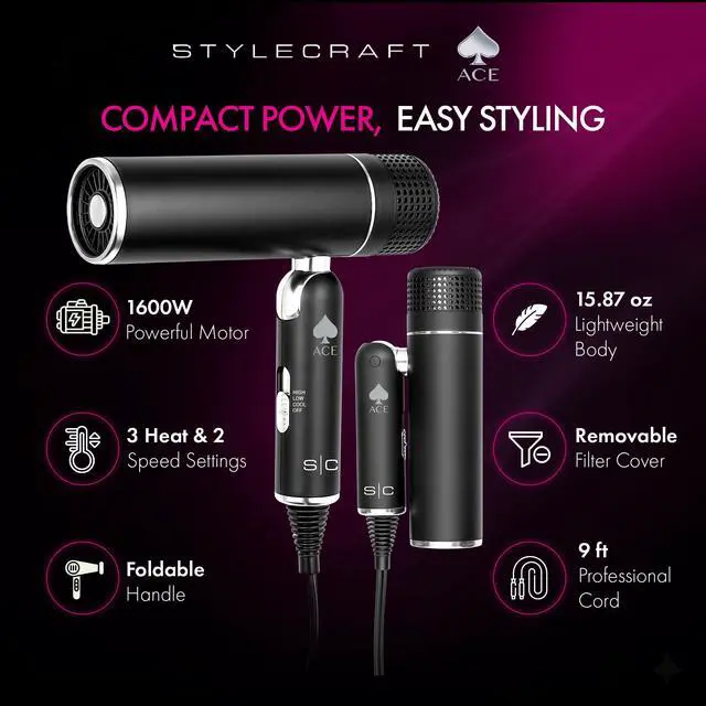 Alt view image 2 of 7 - Ace Foldable Hair Dryer with 1600W Motor, Travel-Friendly Design