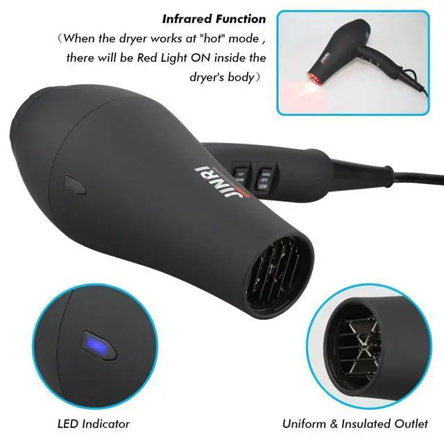 Alt view image 2 of 6 - Hair Dryer, 1875W, 3 Heat & 2 Speed, with Diffuser, with Concentrator, Ionic Technology & Infrared - Black, Detachable Air Intake, Non-Foldable, Hanging Strap, 125V, JR-104D