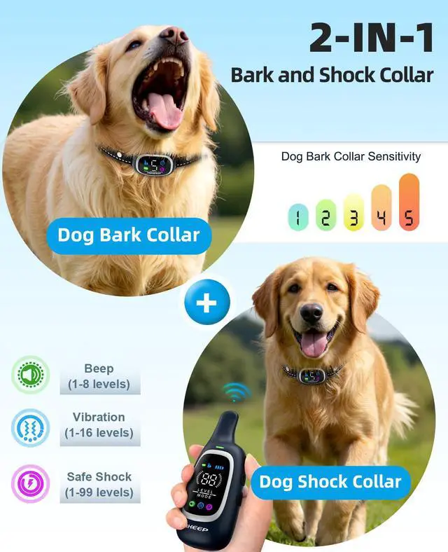 Alt view image 2 of 7 - 2-in-1 Dog Shock Collar and Bark Collar for Dogs 3300FT Dog Training Collar with Remote, IP67 Waterproof e Collar with Anti-Bark/Beep/Vibration/Shock Modes for Small Medium Large Dog(8-120Lbs)