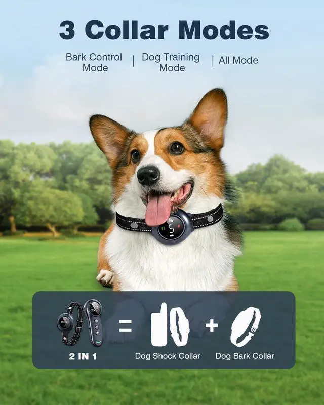 Alt view image 2 of 7 - 2-in-1 Dog Shock Collar & Dog Bark Collar - Smart Anti Barking Dog Training Collar with 5 Adjustable Sensitivity & 3300FT Remote for All Breeds IP67 Waterproof E-Collar