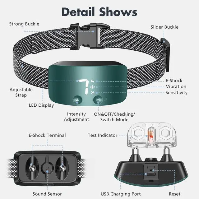 Alt view image 3 of 7 - Bark Collar for Dogs,Rechargeable Anti Barking Training Collar with 7 Adjustable Sensitivity and Intensity Beep Vibration for Small Medium Large Dogs (Blackish Green)