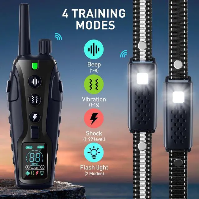 Alt view image 4 of 7 - Dog Shock Collar 2 Dogs(15-150lbs) with Flashing Light for Night Walks,4500FT Dog Training Collar Adjustable Pitch Beep(1-8), Vibration(1-16), Safe Shock(1-99), and Keypad Lock