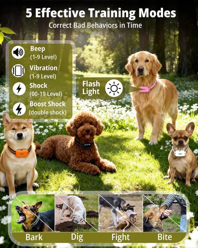 Alt view image 2 of 7 - 3 Dog Shock Collar with Remote Control (5150Lbs), 4400FT Waterproof Training Collar for Dogs 3 Pack 5 Training Modes Rechargeable Electric Dog Collar with Light, E collars for Small Medium Large Dogs