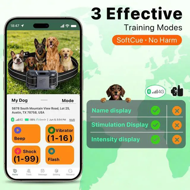 Alt view image 4 of 7 - Bluetooth 4G Dog Shock Collar, Unlimited Dog Training Collar with Remote Control Beep Vibration(116) Safe Shock(199), Rechargeable Waterproof Shock Collar for Dogs 5-120lbs, Small Medium Large