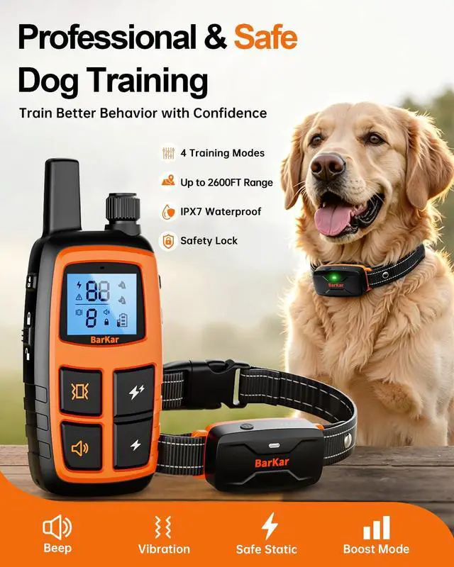 Alt view image 2 of 7 - Dog Shock Collar with 4 Training Modes, IPX7 Waterproof Dog Training Collar with IPX4 Remote, 2600FT Electric Collar with Beep, Shock, Vibration & Shock Boost for All Breeds