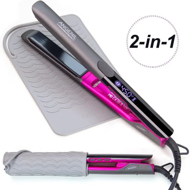 Alt view image 4 of 7 - Pro Titanium Flat Iron Hair Straightener and Curler 2 in 1, Dual Voltage Hair Straighteners for Women, 20S Fast Heating Flat Iron 1 Inch with Silicone Mat, Large-screen LCD Temperature Display
