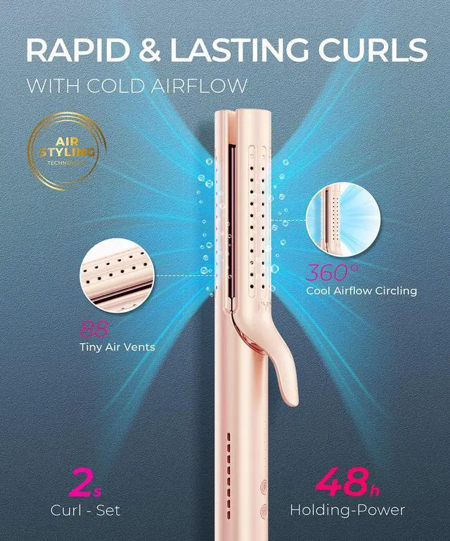 Alt view image 2 of 7 - Airflow 2.0 Curling Iron Flat Iron - Hair Straightener and Curler 2 in 1, 1.25 Inch Curling Wand for Long Short Hair, Dual Voltage for Travel, 54 Million Ionic, Anti-Tangle, 5 Temps, Gold Blush