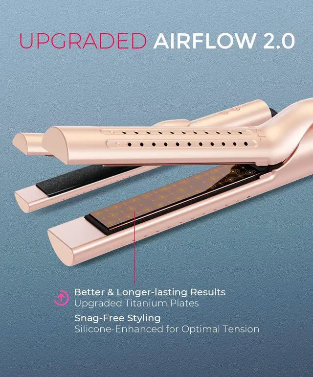 Alt view image 6 of 7 - Airflow 2.0 Curling Iron Flat Iron - Hair Straightener and Curler 2 in 1, 1.25 Inch Curling Wand for Long Short Hair, Dual Voltage for Travel, 54 Million Ionic, Anti-Tangle, 5 Temps, Gold Blush