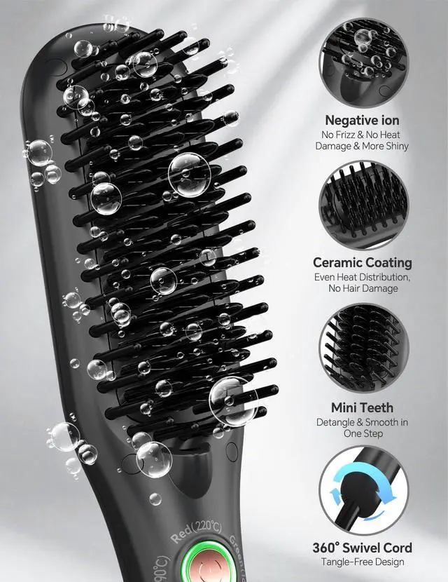Alt view image 3 of 6 - Mini Hair Straightener Brush, Ionic Heated Comb for Frizz-Free Styling, Compact Dual Voltage Travel Flat Iron Comb for Short & Medium Hair, Fast Heat Ceramic Brush, Black