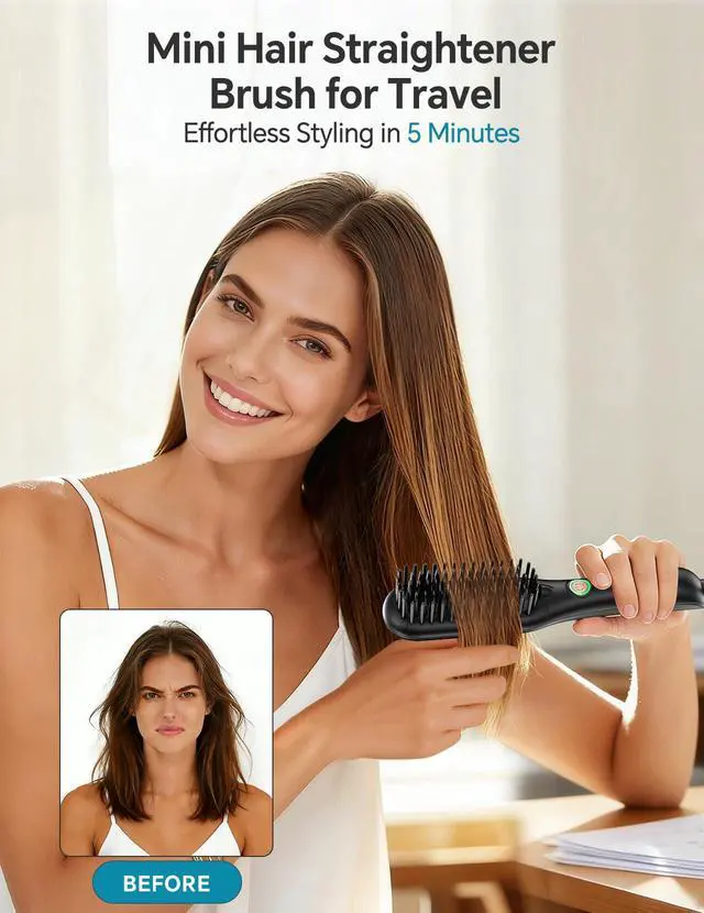 Alt view image 2 of 6 - Mini Hair Straightener Brush, Ionic Heated Comb for Frizz-Free Styling, Compact Dual Voltage Travel Flat Iron Comb for Short & Medium Hair, Fast Heat Ceramic Brush, Black