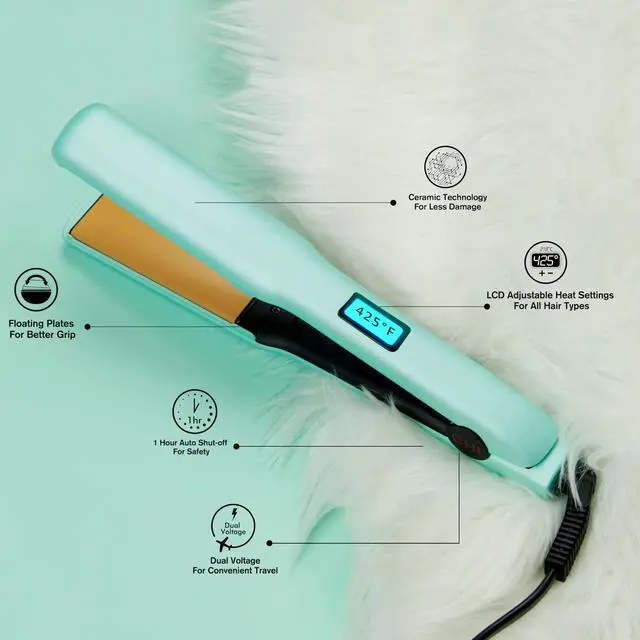 Alt view image 2 of 7 - Original Flat Iron Hair Straightener, Ceramic Floating Plates for Smooth Finish, Quick Heat Up Styling Tool, Adjustable Heat Settings, 1.25", Mint Mojito
