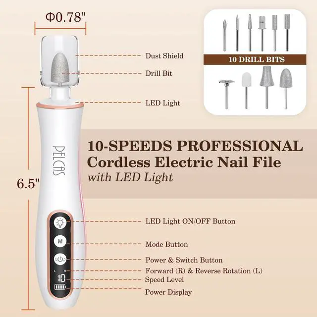 Alt view image 5 of 7 - Cordless Nail Drill, 10 Speeds Electric Nail File with LED Light