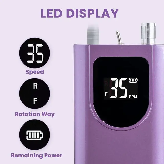 Alt view image 4 of 6 - Professional Nail Drill High Torque 35000 RPM Rechargeable Portable Electric Nail File Filer for Acrylic Gel with Cuticle Bits, Salon Manicure Tool, Purple