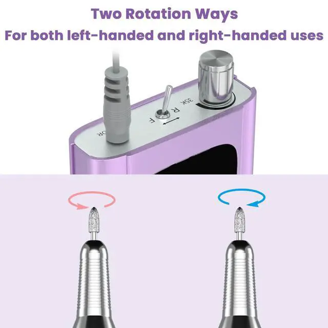 Alt view image 6 of 6 - Professional Nail Drill High Torque 35000 RPM Rechargeable Portable Electric Nail File Filer for Acrylic Gel with Cuticle Bits, Salon Manicure Tool, Purple