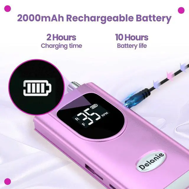 Alt view image 5 of 6 - Professional Nail Drill High Torque 35000 RPM Rechargeable Portable Electric Nail File Filer for Acrylic Gel with Cuticle Bits, Salon Manicure Tool, Purple