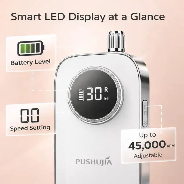 Alt view image 5 of 7 - 45000 RPM Nail Drill - Brushless Cordless Efile LCD Display & Heat Reduction Tech for Acrylic Gel Nails (White)