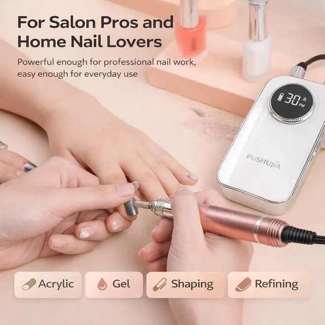 Alt view image 7 of 7 - 45000 RPM Nail Drill - Brushless Cordless Efile LCD Display & Heat Reduction Tech for Acrylic Gel Nails (White)